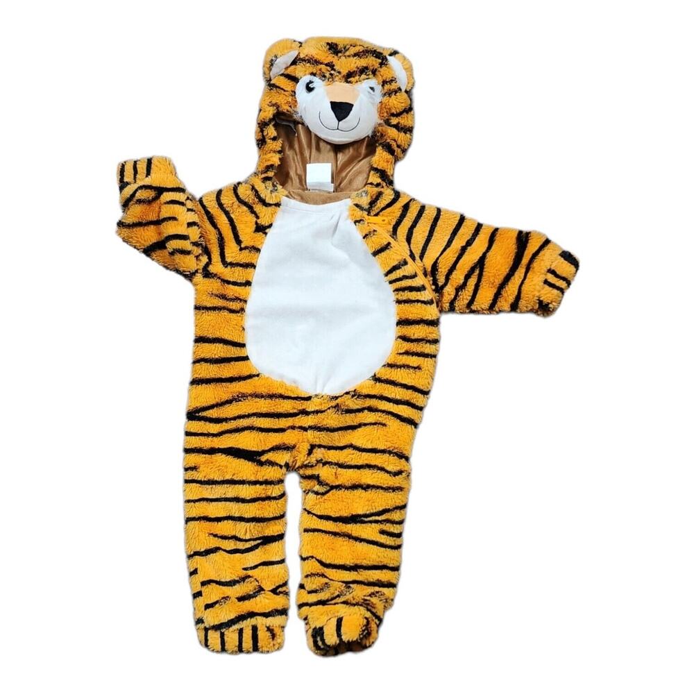 HALLOWEEN COSTUME Baby Tiger Bodysuit Orange Black Fluffy Soft Hood Sz 0-6 Mos